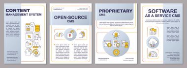 CMS types grey brochure template. Open-source and proprietary kinds. Leaflet design with linear icons. Editable 4 vector layouts for presentation, annual reports. Arial, Myriad Pro-Regular fonts used