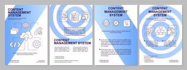 Content management platform blue gradient brochure template. Digital info. Leaflet design with linear icons. 4 vector layouts for presentation, annual reports. Arial, Myriad Pro-Regular fonts used