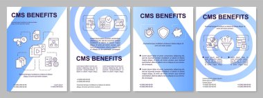 CMS advantages blue gradient brochure template. Website development. Leaflet design with linear icons. 4 vector layouts for presentation, annual reports. Arial, Myriad Pro-Regular fonts used