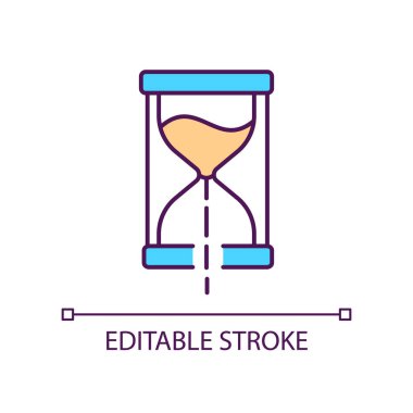 Sand falling in hourglass RGB color icon. Spending time. Sand flowing through hourglass. Calculating hours. Isolated vector illustration. Simple filled line drawing. Editable stroke. Arial font used