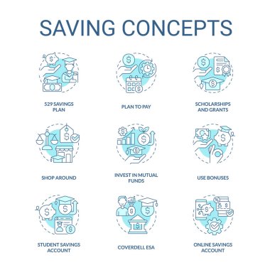 Saving for education turquoise concept icons set. Student funds. Collage payments idea thin line color illustrations. Isolated symbols. Editable stroke. Roboto-Medium, Myriad Pro-Bold fonts used