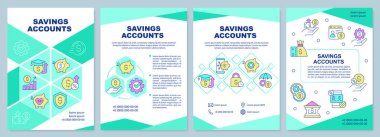 Savings accounts mint brochure template. Money management. Leaflet design with linear icons. Editable 4 vector layouts for presentation, annual reports. Arial-Black, Myriad Pro-Regular fonts used