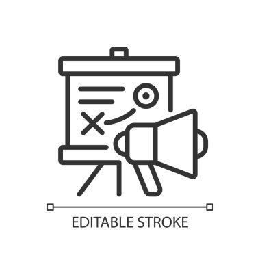 Marketing strategy pixel perfect linear icon. Strategic planning. Analyzing goals. Market assessment. Thin line illustration. Contour symbol. Vector outline drawing. Editable stroke. Arial font used