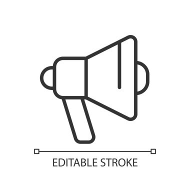 Advertising pixel perfect linear icon. Promoting product sales. Marketing strategy. Brand awareness. Thin line illustration. Contour symbol. Vector outline drawing. Editable stroke. Arial font used