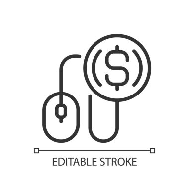 Pay per click pixel perfect linear icon. PPC marketing. Affiliate program. Online advertising. Thin line illustration. Contour symbol. Vector outline drawing. Editable stroke. Arial font used