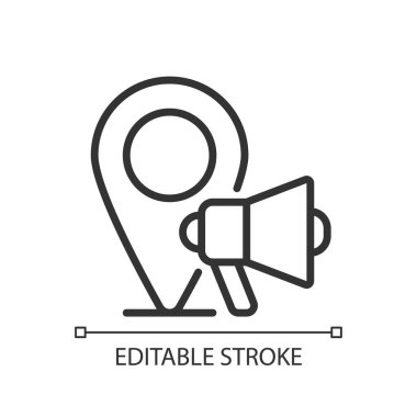 Local marketing pixel perfect linear icon. Neighborhood community engagement. Promoting business. Thin line illustration. Contour symbol. Vector outline drawing. Editable stroke. Arial font used
