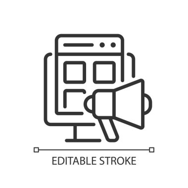 Digital marketing pixel perfect linear icon. Promoting products online. Digital communication. Thin line illustration. Contour symbol. Vector outline drawing. Editable stroke. Arial font used