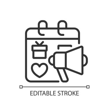 Seasonal marketing pixel perfect linear icon. Promoting sales on special holidays. Seasonality trend. Thin line illustration. Contour symbol. Vector outline drawing. Editable stroke. Arial font used