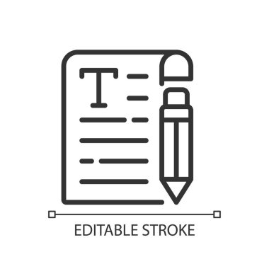 Copywriting pixel perfect linear icon. Writing text for advertising. SEO content creation. Thin line illustration. Contour symbol. Vector outline drawing. Editable stroke. Arial font used