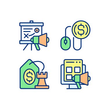 Internet marketing strategies pixel perfect RGB color icons set. Pay per click. Best price. Online promotion. Isolated vector illustrations. Simple filled line drawings collection. Editable stroke