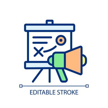 Marketing strategy pixel perfect RGB color icon. Strategic planning. Analyzing goals. Market assessment. Isolated vector illustration. Simple filled line drawing. Editable stroke. Arial font used