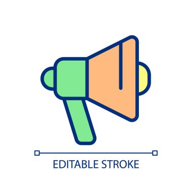 Advertising pixel perfect RGB color icon. Promoting product sales. Marketing strategy. Brand awareness. Isolated vector illustration. Simple filled line drawing. Editable stroke. Arial font used