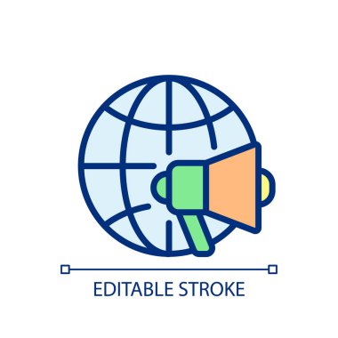 Global marketing pixel perfect RGB color icon. Worldwide market. Attract customers in other countries. Isolated vector illustration. Simple filled line drawing. Editable stroke. Arial font used