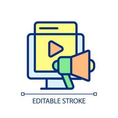 Video marketing pixel perfect RGB color icon. Reach customers with multimedia content. Online advertising. Isolated vector illustration. Simple filled line drawing. Editable stroke. Arial font used