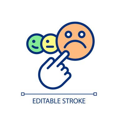 Negative feedback pixel perfect RGB color icon. Customer dissatisfaction. Bad review. Angry consumer. Isolated vector illustration. Simple filled line drawing. Editable stroke. Arial font used