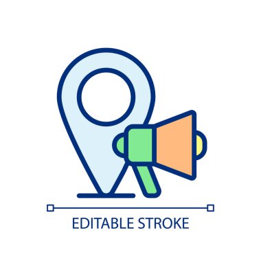 Local marketing pixel perfect RGB color icon. Neighborhood community engagement. Promoting business. Isolated vector illustration. Simple filled line drawing. Editable stroke. Arial font used