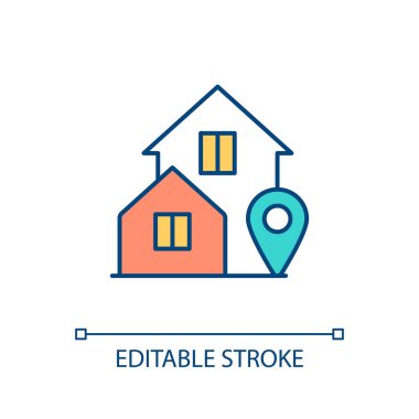 Home location RGB color icon. Real estate and property. City infrastructure. Navigation and address. Isolated vector illustration. Simple filled line drawing. Editable stroke. Arial font used