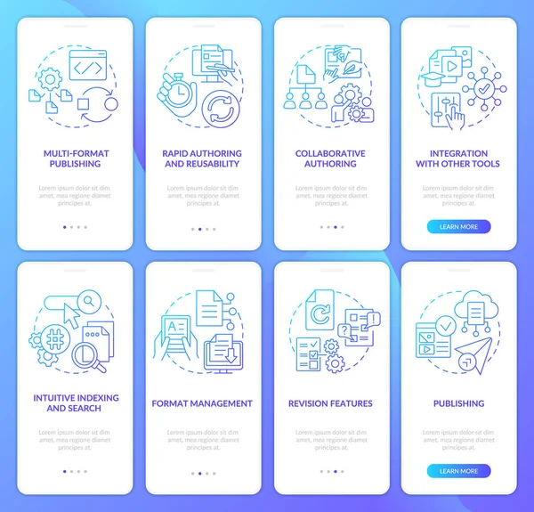 Lms Cms Functionalities Blue Gradient Onboarding Mobile App Screen Set — Vettoriale Stock