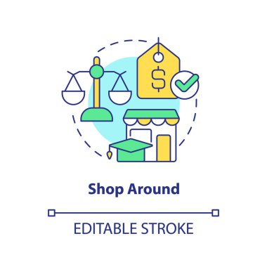 Shop around concept icon. Finance for education. Saving for college tip abstract idea thin line illustration. Isolated outline drawing. Editable stroke. Arial, Myriad Pro-Bold fonts used