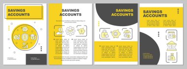 Savings accounts yellow brochure template. Money management. Leaflet design with linear icons. Editable 4 vector layouts for presentation, annual reports. Arial, Myriad Pro-Regular fonts used