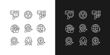 Target market analysis pixel perfect linear icons set for dark, light mode. Customers attracting. Worldwide marketing. Thin line symbols for night, day theme. Isolated illustrations. Editable stroke