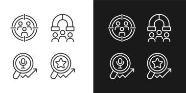 Audience research and analysis pixel perfect linear icons set for dark, light mode. Customer segmentation. Voice search. Thin line symbols for night, day theme. Isolated illustrations. Editable stroke