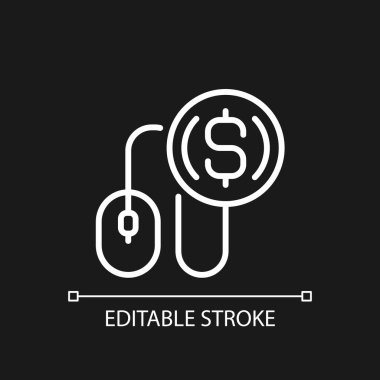 Pay per click pixel perfect white linear icon for dark theme. PPC. Affiliate program. Online advertising. Thin line illustration. Isolated symbol for night mode. Editable stroke. Arial font used