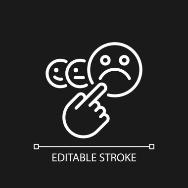Negative feedback pixel perfect white linear icon for dark theme. Customer dissatisfaction. Angry consumer. Thin line illustration. Isolated symbol for night mode. Editable stroke. Arial font used