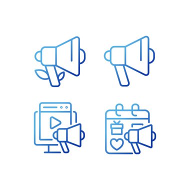 Effective advertising strategies pixel perfect gradient linear vector icons set. Unpaid marketing. Seasonal sales. Thin line contour symbol designs bundle. Isolated outline illustrations collection