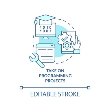 Take on programming projects turquoise concept icon. Become software engineer abstract idea thin line illustration. Isolated outline drawing. Editable stroke. Arial, Myriad Pro-Bold fonts used