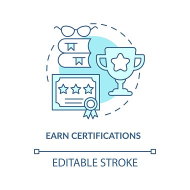 Earn certifications turquoise concept icon. Experience. Become software engineer abstract idea thin line illustration. Isolated outline drawing. Editable stroke. Arial, Myriad Pro-Bold fonts used