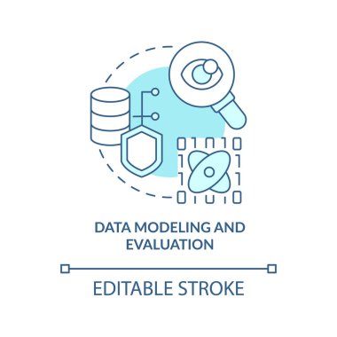 Data modeling and evaluation turquoise concept icon. Machine learning engineer skill abstract idea thin line illustration. Isolated outline drawing. Editable stroke. Arial, Myriad Pro-Bold fonts used
