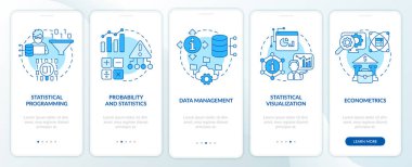 Data analyst skills blue onboarding mobile app screen. Profession walkthrough 5 steps editable graphic instructions with linear concepts. UI, UX, GUI template. Myriad Pro-Bold, Regular fonts used