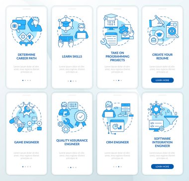 Software developer profession blue onboarding mobile app screen set. Walkthrough 5 steps editable graphic instructions with linear concepts. UI, UX, GUI template. Myriad Pro-Bold, Regular fonts used