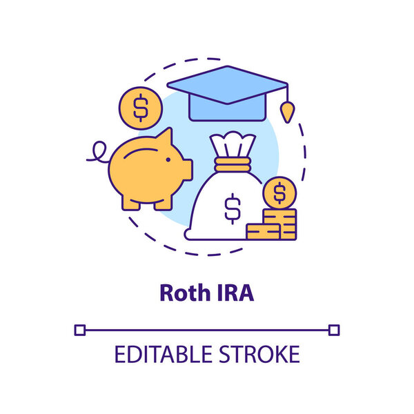 Roth IRA concept icon. Education expenses. Account type for college savings abstract idea thin line illustration. Isolated outline drawing. Editable stroke. Arial, Myriad Pro-Bold fonts used