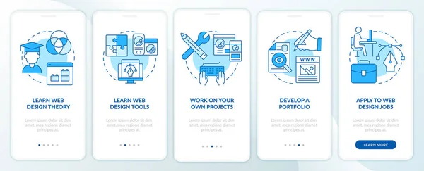 Becoming Web Designer Blue Onboarding Mobile App Screen Walkthrough Steps — Stockový vektor