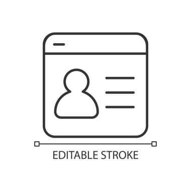 User profile page linear icon. Recorded digitally personal information. Kind of website. Thin line illustration. Contour symbol. Vector outline drawing. Editable stroke. Arial font used