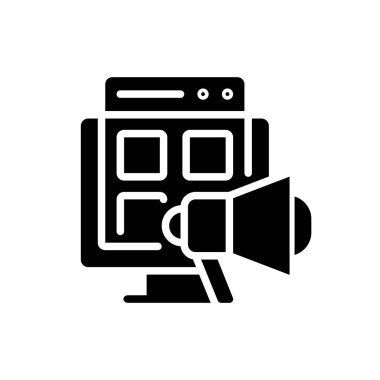 Digital marketing black glyph icon. Promoting products online. Social media platform content. Digital communication. Silhouette symbol on white space. Solid pictogram. Vector isolated illustration