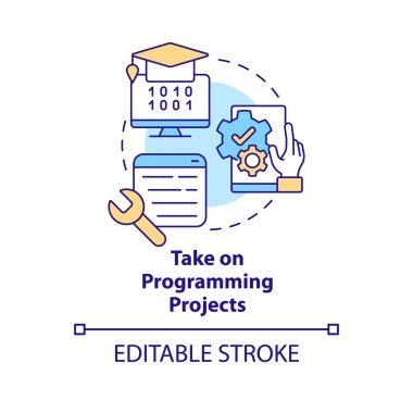 Take on programming projects concept icon. Steps to become software engineer abstract idea thin line illustration. Isolated outline drawing. Editable stroke. Arial, Myriad Pro-Bold fonts used