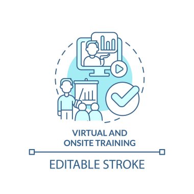 Virtual and onsite training turquoise concept icon. Effective acquiring knowledge abstract idea thin line illustration. Isolated outline drawing. Editable stroke. Arial, Myriad Pro-Bold fonts used
