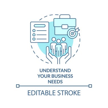 Understand business needs turquoise concept icon. Creating leaders practice abstract idea thin line illustration. Isolated outline drawing. Editable stroke. Arial, Myriad Pro-Bold fonts used