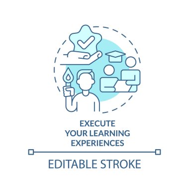 Execute learning experiences turquoise concept icon. Training successful leader abstract idea thin line illustration. Isolated outline drawing. Editable stroke. Arial, Myriad Pro-Bold fonts used