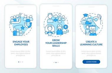 Become certified coach blue onboarding mobile app screen. Leadership walkthrough 3 steps editable graphic instructions with linear concepts. UI, UX, GUI template. Myriad Pro-Bold, Regular fonts used