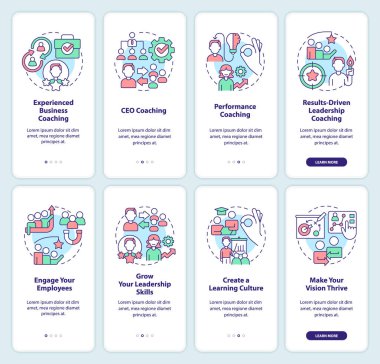 Business coaching programs onboarding mobile app screen set. Walkthrough 4 steps editable graphic instructions with linear concepts. UI, UX, GUI template. Myriad Pro-Bold, Regular fonts used