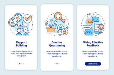 Steps of coaching onboarding mobile app screen. Creative questioning walkthrough 3 steps editable graphic instructions with linear concepts. UI, UX, GUI template. Myriad Pro-Bold, Regular fonts used