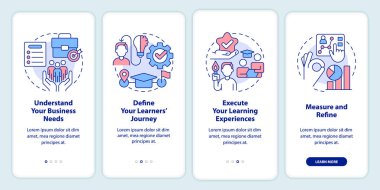 Creating leaders onboarding mobile app screen. Business needs walkthrough 4 steps editable graphic instructions with linear concepts. UI, UX, GUI template. Myriad Pro-Bold, Regular fonts used