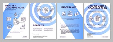 Workplace training plan blue gradient brochure template. Coaching employees. Leaflet design with linear icons. 4 vector layouts for presentation, annual reports. Arial, Myriad Pro-Regular fonts used