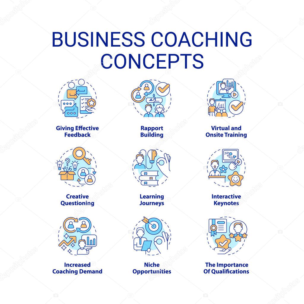 Business coaching concept icons set. Learning experience idea thin line color illustrations. Training. Effective feedback. Isolated symbols. Editable stroke. Roboto-Medium, Myriad Pro-Bold fonts used