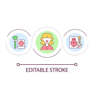Makeup artist and painter loop concept icon. Creative career abstract idea thin line illustration. Beauty school student. Drawing classes. Isolated outline drawing. Editable stroke. Arial font used
