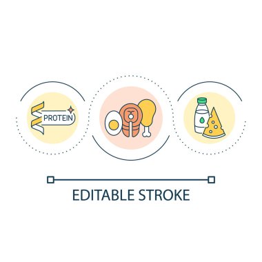 High protein foods loop concept icon. Eating dairy products and meat abstract idea thin line illustration. Protein intake. Healthy meal plan. Isolated outline drawing. Editable stroke. Arial font used